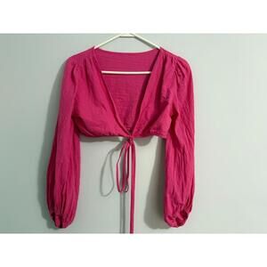 Hot Pink Tie Front Long Sleeve Crop Top Medium Cotton